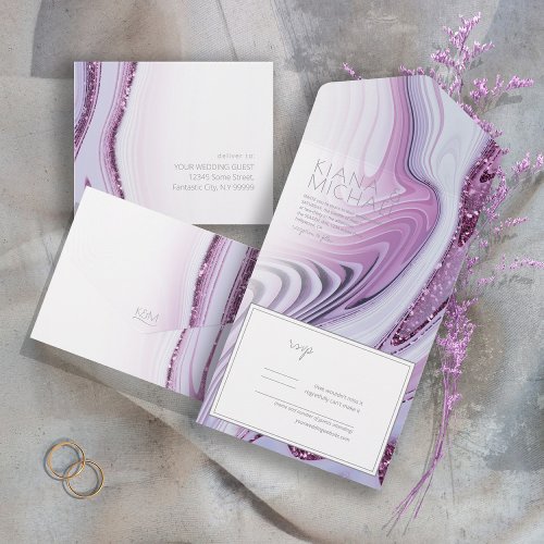 Abstract Glitter Strata Wedding LilacWhte ID903 All In One Invitation