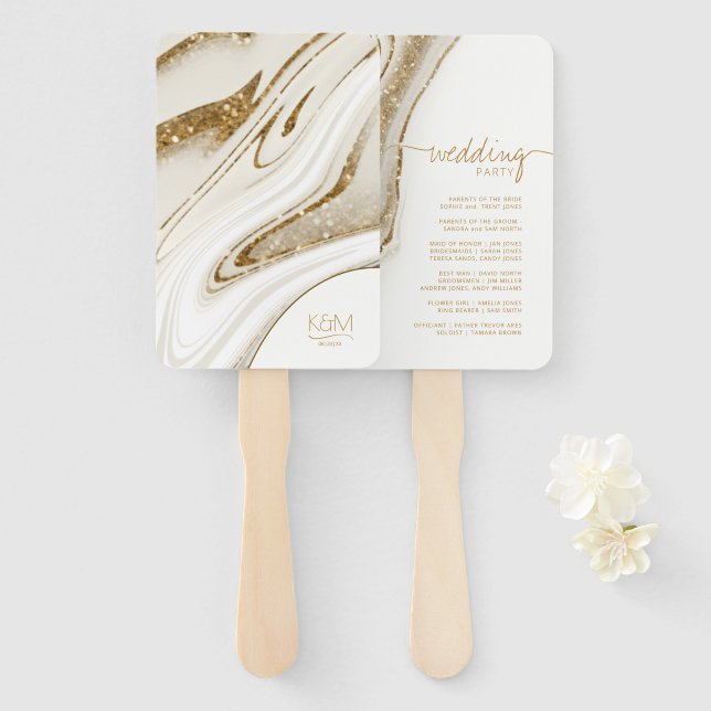 Abstract Glitter Strata Wedding Party Ivory ID903 Hand Fan (Front and Back)