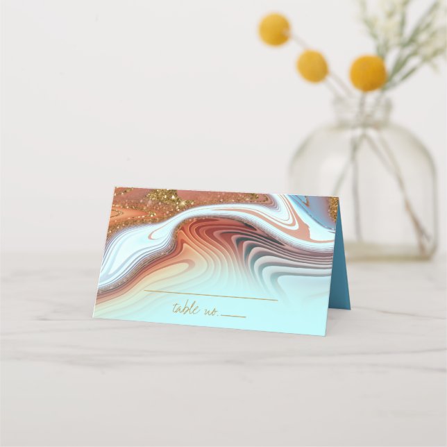 Abstract Glitter Strata Wedding Sky Blue ID903  Place Card (Front)