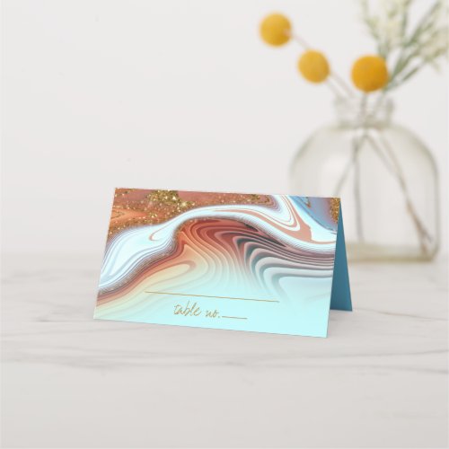 Abstract Glitter Strata Wedding Sky Blue ID903  Place Card