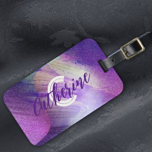 Abstract Glittering Neon Magenta Name  Initial  Luggage Tag
