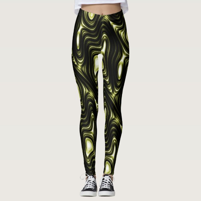 Abstract Glowing Dark Green Alien Pattern Leggings (Front)
