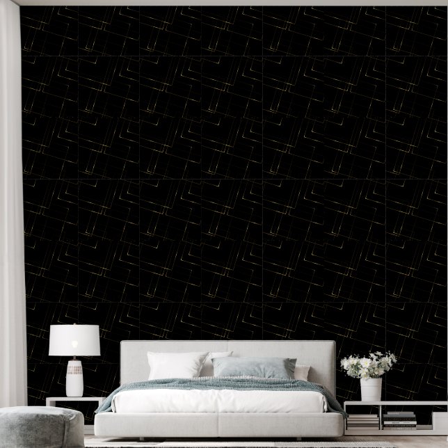 Abstract Gold and Black Square Pattern Wallpaper (Bedroom)