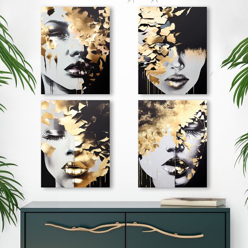 Abstract Gold And Black Women’s Faces Modern Art Acrylic Photo Tile