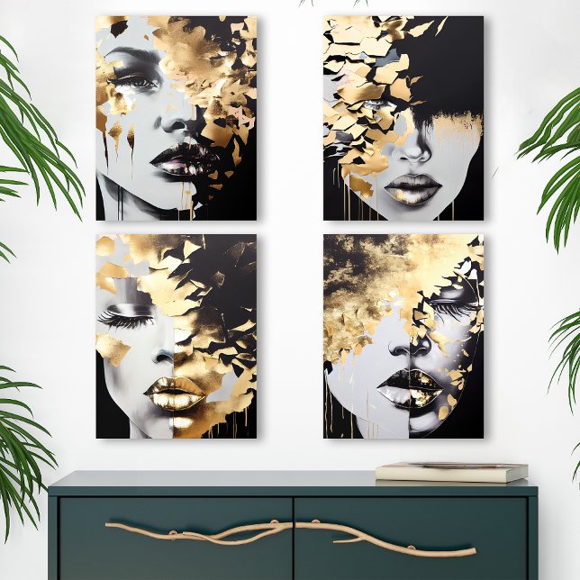 Abstract Gold and Black Women’s Faces Modern Art Acrylic Photo Tile (Creator Uploaded)