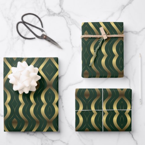 Abstract Gold And Emerald Green Wavy Stripes Wrapping Paper Sheets