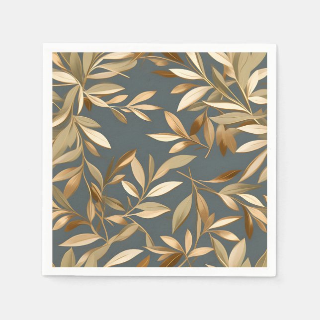 Abstract Gold and Olive Leaves Napkins (Front)