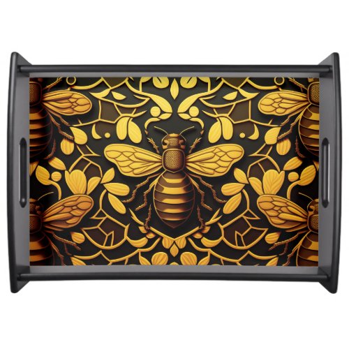 Abstract gold bee Golden floral insect pattern Serving Tray