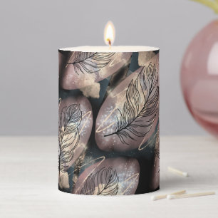Abstract Gold & Black With Feathers Pillar Candle