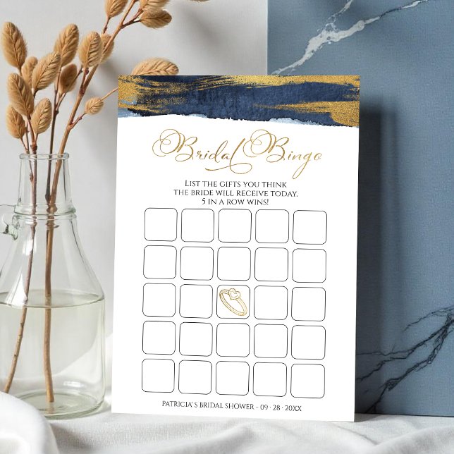 Abstract Gold Blue bridal shower bingo game card (Creator Uploaded)