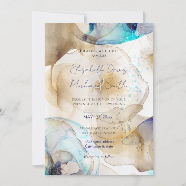 Abstract Gold Blue Fluid Art Painting Invitation (Front)