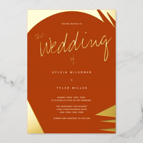 Abstract Gold Burnt Orange Typography Wedding Foil Invitation