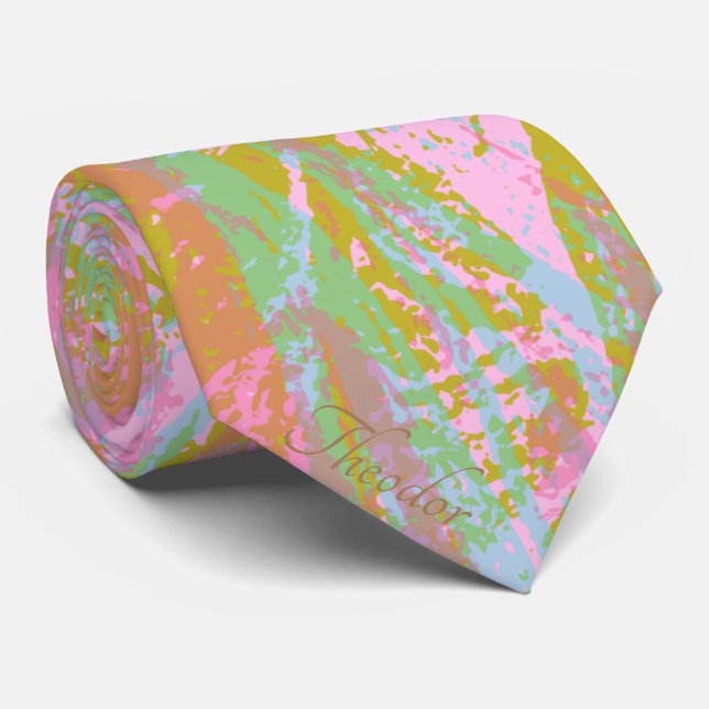 Abstract Gold Butterfly Pink Violet Pattern Neck Tie (Rolled)