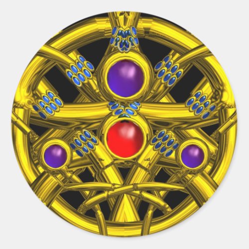 ABSTRACT GOLD CELTIC KNOTS WITH COLORFUL GEMSTONES CLASSIC ROUND STICKER