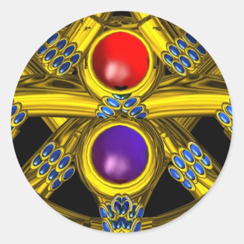 ABSTRACT GOLD CELTIC KNOTS WITH COLORFUL GEMSTONES CLASSIC ROUND STICKER