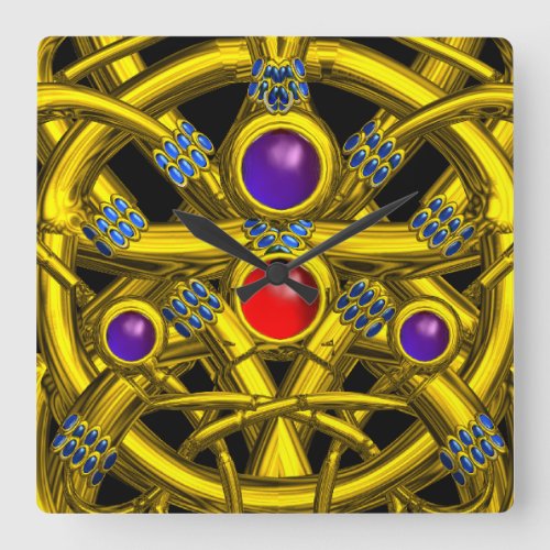 ABSTRACT GOLD CELTIC KNOTS WITH COLORFUL GEMSTONES SQUARE WALL CLOCK