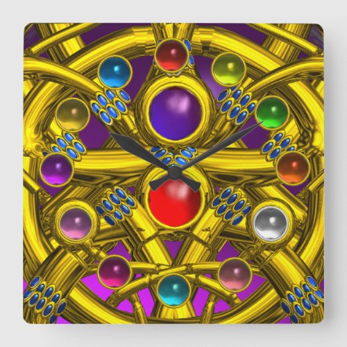 ABSTRACT GOLD CELTIC KNOTS WITH COLORFUL GEMSTONES SQUARE WALL CLOCK