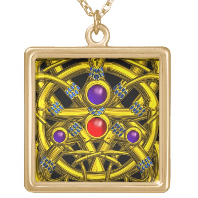 ABSTRACT GOLD CELTIC KNOTS WITH GEMSTONES GOLD PLATED NECKLACE (Front)