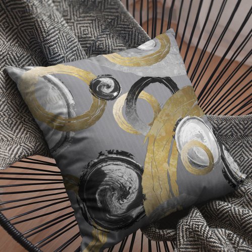 Abstract Gold Color Ring Black White Swirl Circles Throw Pillow