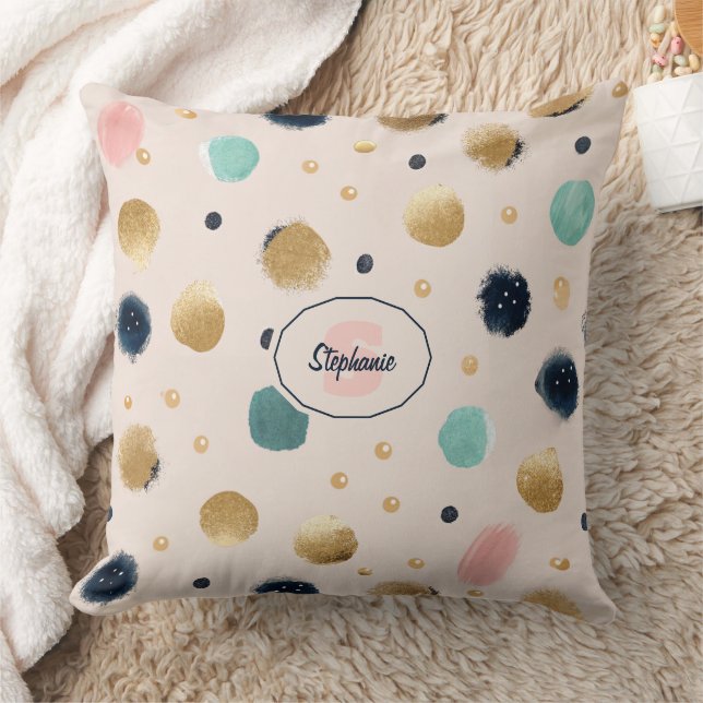 Abstract Gold & Colorful Brushstroke Circle Throw Pillow (Blanket)