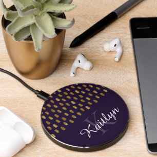 Abstract Gold Dot Pattern Purple Monogram Wireless Charger