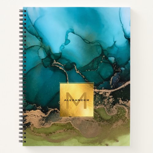 Abstract Gold Foil Black Teal Monogram Notebook