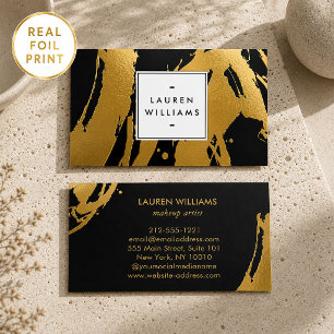 Abstract Gold Foil Brushstrokes Black Business Cards