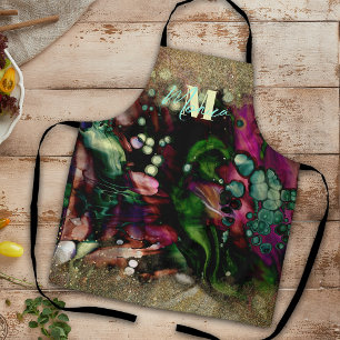 Abstract Gold Glitter Emerald Purple Monogram Name Apron