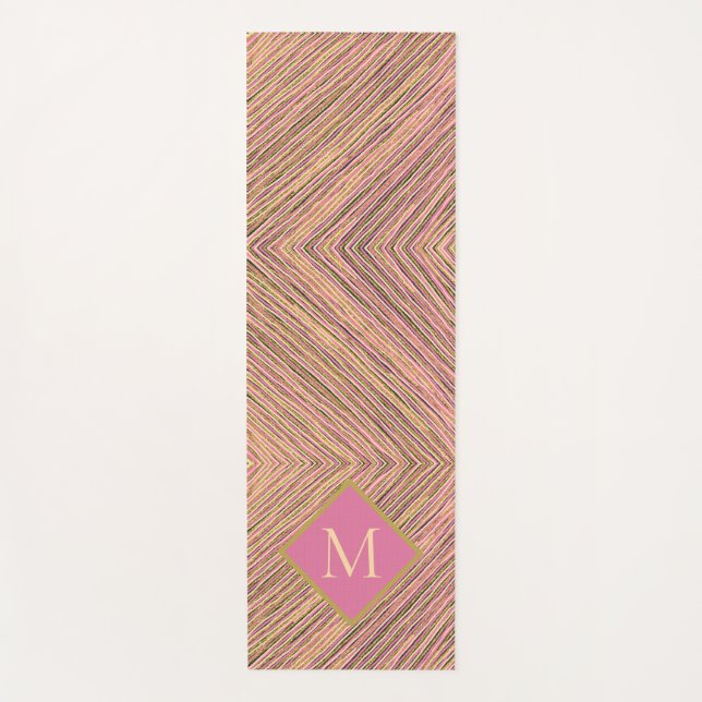 Abstract Gold Glitter Monogram Pink Stripes Yoga Mat (Front)