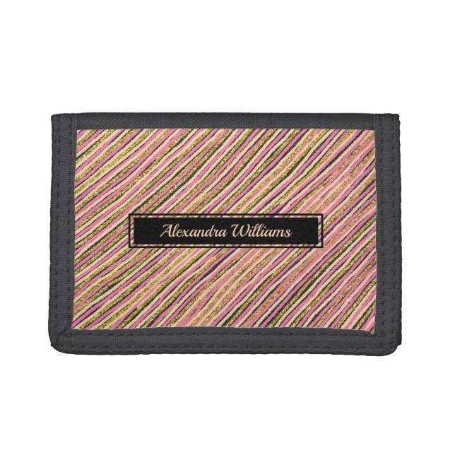 Abstract Gold Glitter Stripes Personalized Trifold Wallet (Front)