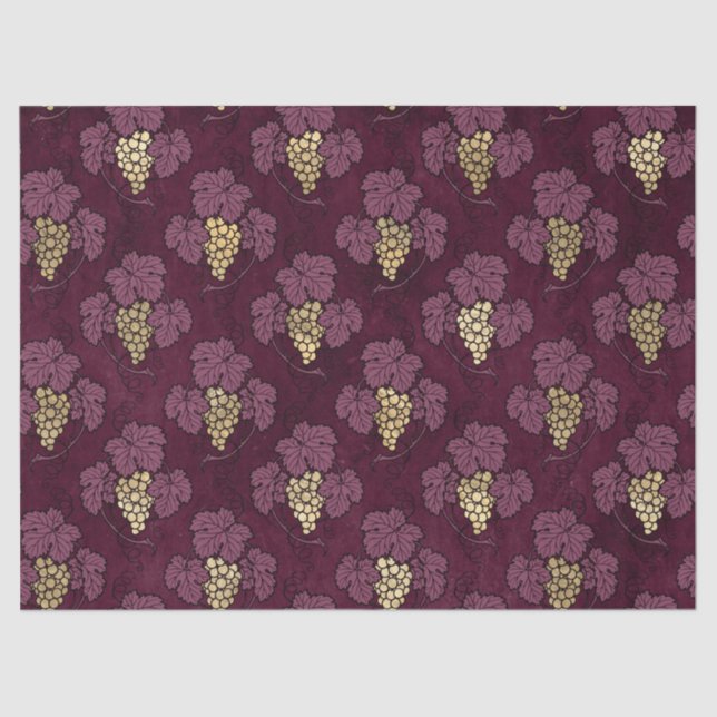 Abstract Gold Grapes and Leaves on Wine Decoupage Tissue Paper (Front)