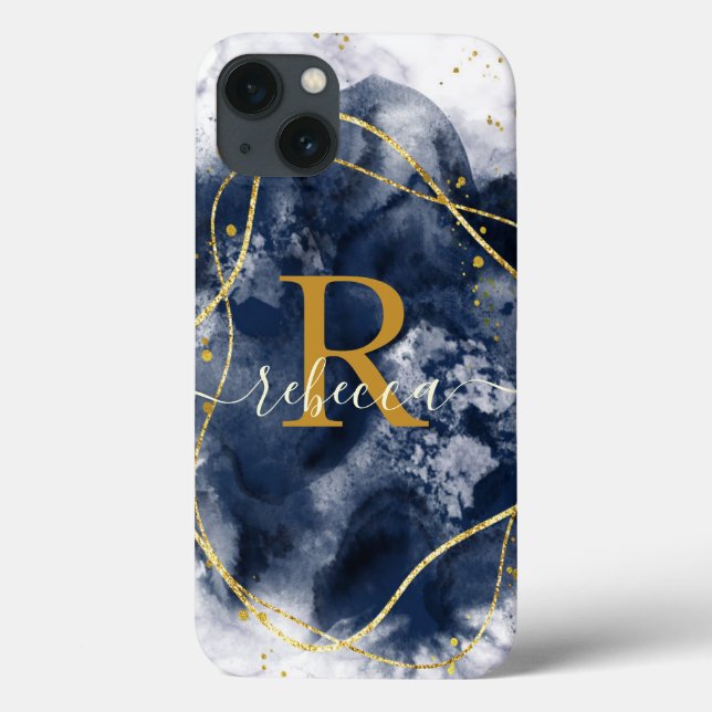 Abstract Gold Gray Monogram Custom Name Script Case-Mate iPhone Case (Back)