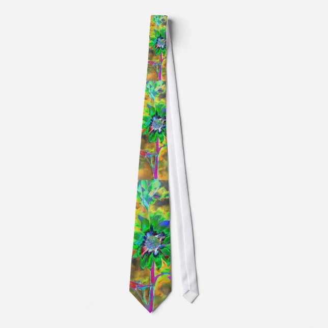 Abstract gold green sunflower | retro funky  neck tie (Front)