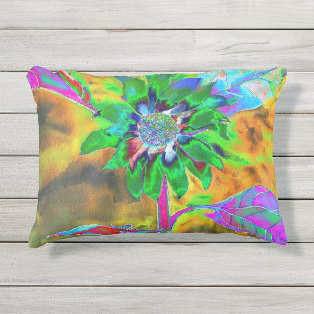 Abstract gold green sunflower | retro funky  outdoor pillow (Front)