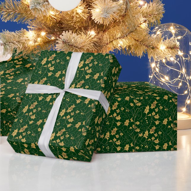 Abstract Gold Holly Wrapping Paper (Holidays)