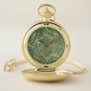 Abstract Gold Leaf Green Background Pocket Watch