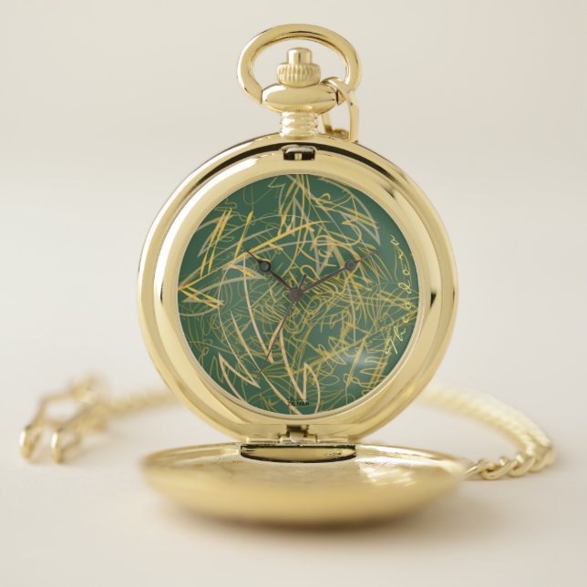 Abstract Gold Leaf Green Background Pocket Watch (Inside)