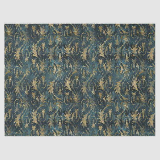 Abstract Gold Leaves on Green Decoupage Tissue Paper (Front)