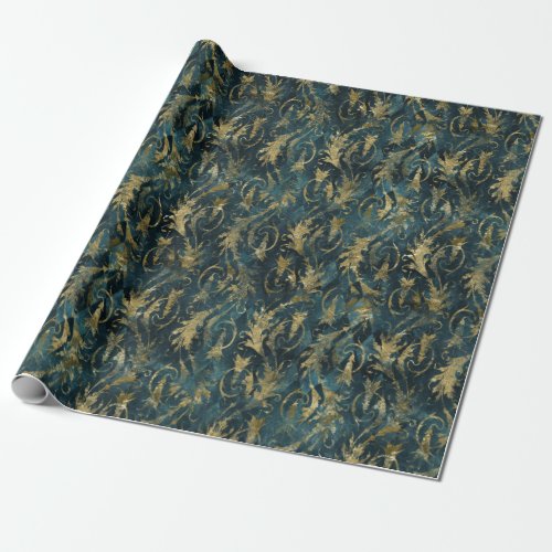 Abstract Gold Leaves on Green Wrapping Paper