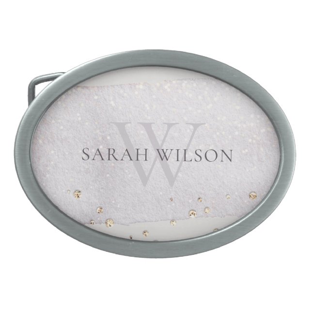 Abstract Gold Lilac Brush Stoke Monogram Glitter Belt Buckle (Front)