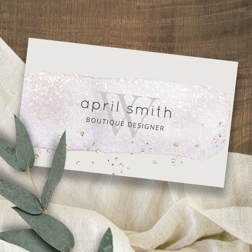 Abstract Gold Lilac Brush Stoke Monogram Glitter Business Card