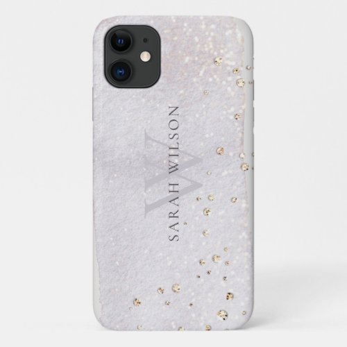 Abstract Gold Lilac Brush Stoke Monogram Glitter iPhone 11 Case