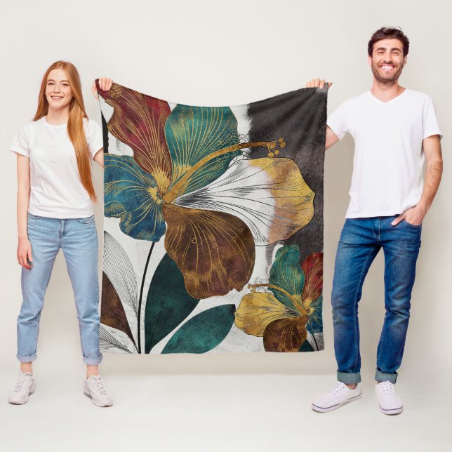 Abstract Gold Line Floral Art with Bold Petals Fleece Blanket (In Situ)