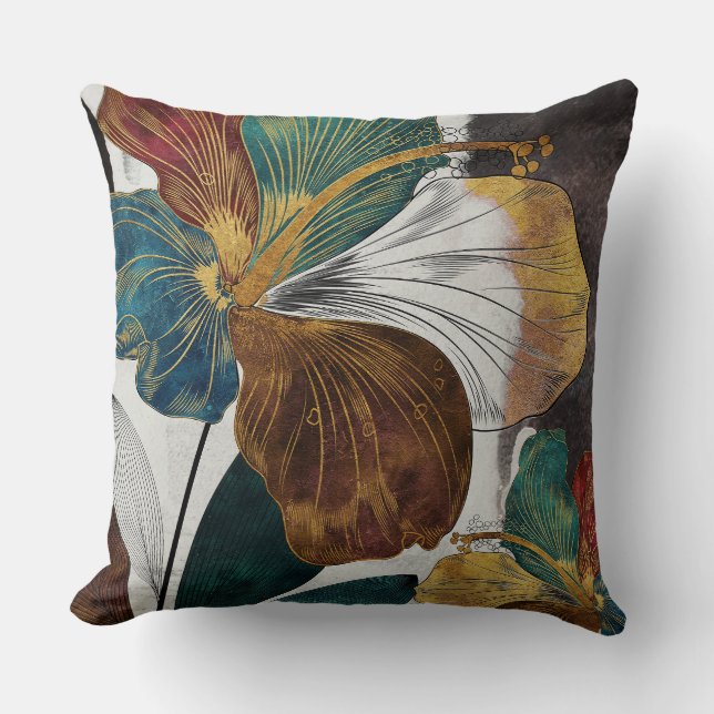 Abstract Gold Line Floral Art with Bold Petals Throw Pillow (Front)