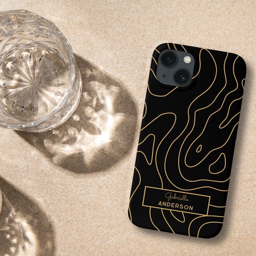 Abstract Gold Line Pattern Monogram Script Name iPhone 13 Case
