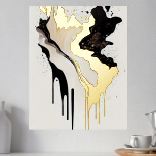 Abstract Gold Marble and Black Drips Foil Prints