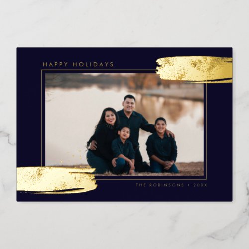 Abstract Gold   Navy Blue Brushstroke Photo Foil Holiday Card