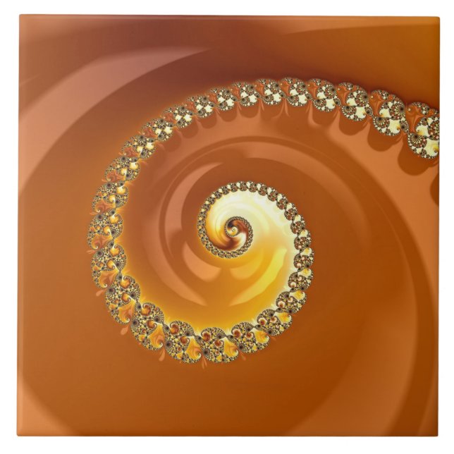 Abstract Gold Orange Gradient Spiral Fractal Ceramic Tile (Front)