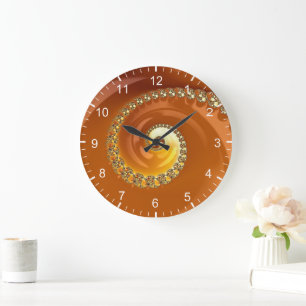 Abstract Gold Orange Gradient Spiral Fractal Large Clock
