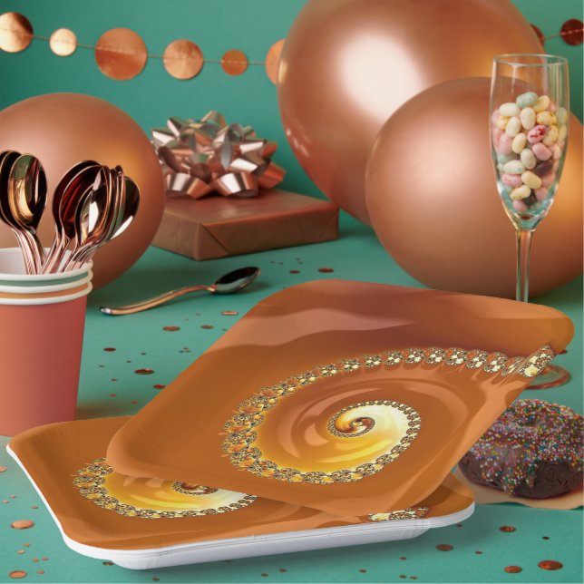 Abstract Gold Orange Gradient Spiral Fractal Paper Plates (Multi)